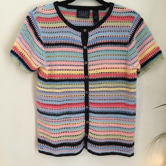 Vintage Sweaters - Vintage Short Sleeve Knit Striped Cardigan Sweater